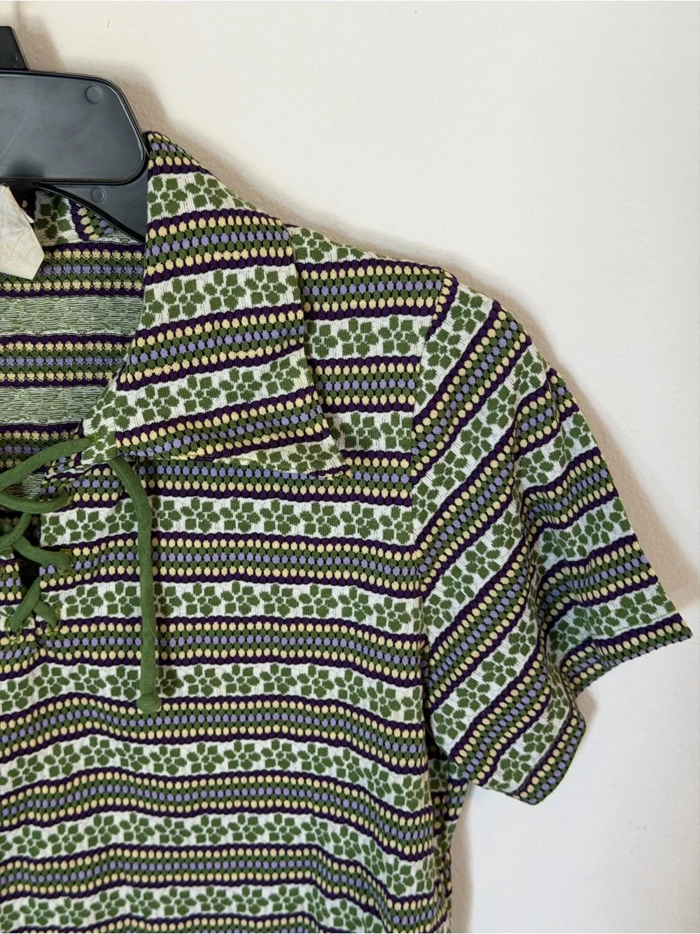 Vintage Lace-Up Collared Short Sleeve Top in Green Stripe - Picture 2 of 4